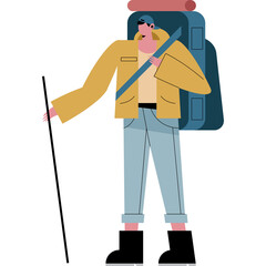 Yellow Jacket Blue Jeans and Backpack Traveler Holding Hiking Stick On White Background