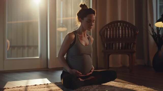 Pregnant woman yoga indoor exercise with sunlight through window supporting postpartum recovery wellness calm peaceful atmosphere mindful healing