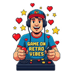 Enthusiastic Gamer Immersed in Retro Gaming with Joysticks. © mbak