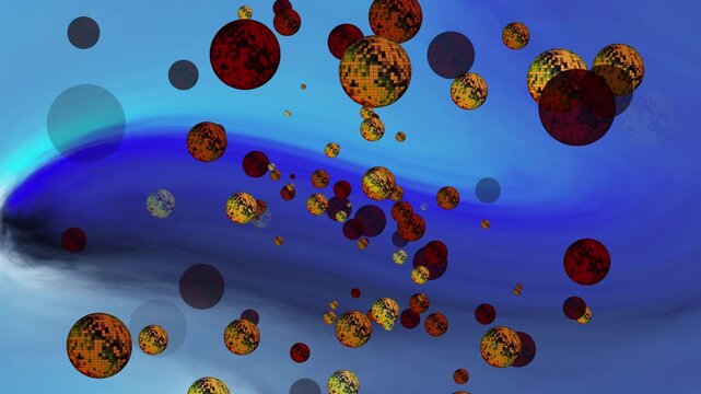 Red and black floating spheres on blue gradient background.
