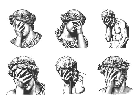 ancient Greek and Roman statues with facepalm, frustration, shame, or disbelief Set collection bundle sketch engraving generative ai vector illustration. Scratch board imitation. Black and white image