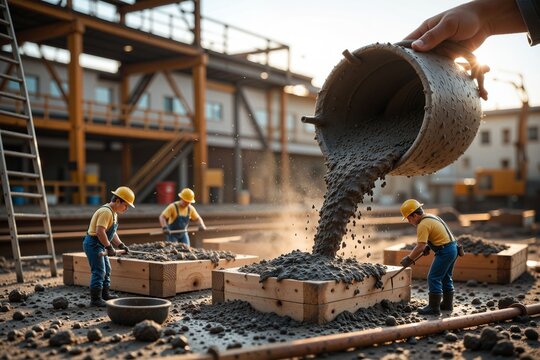 Construction Workers Pouring Concrete into Wooden Molds at Site