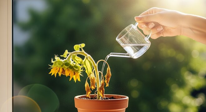 A person's hand carefully waters a neglected and wilted sunflower, a concept of giving hope and a second chance for revival
