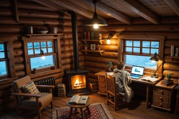Cozy Cabin Workspace with Warm Fire and Natural Wood Interior