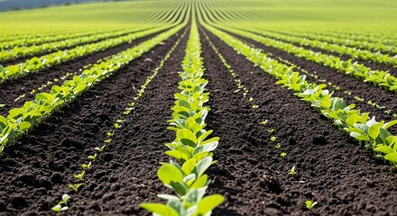 Rows of Young Green Plants Growing in a Field Under Sunlight.