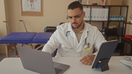 Man in white coat and stethoscope taps tablet and checks laptop in clinic building; professional focus. - Powered by Adobe