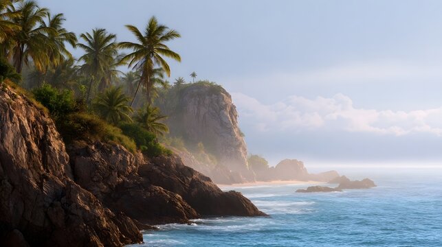 Tropical coastline with rugged cliffs palm trees and misty ocean views - Powered by Adobe