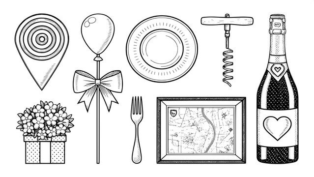 A collection of minimalist celebration icons in a tidy grid layout: lollipop, corkscrew, plate and cutlery, bow, map pin, framed picture, champagne bottle, and bouquet, all rendered in fine line art s