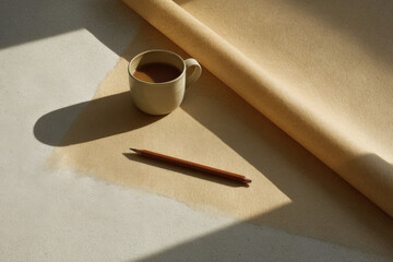 pencil rests on piece of kraft paper bathed in warm stripe of sunlight