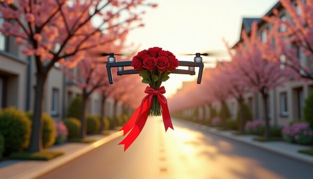 flower delivery concept. spring urban street viewed from slight height with delivery drone carrying elegant bouquet of red roses. quiet atmospheric early spring. valentines day