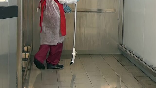 Worker wearing protective gear, including gloves, apron, and trousers, uses squeegee to clean tiled floor of industrial space perhaps in factory or warehouse Worker moves deliberately and methodically