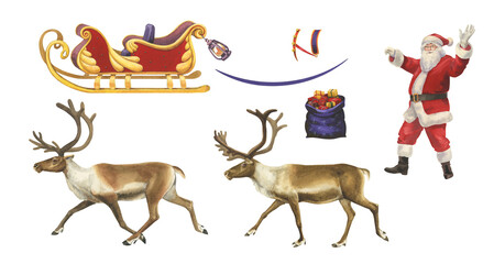 Watercolor New Year set of Santa Claus, sleigh, two reindeer and gifts