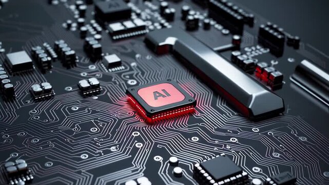 AI Chip on a futuristic mainboard with copy space