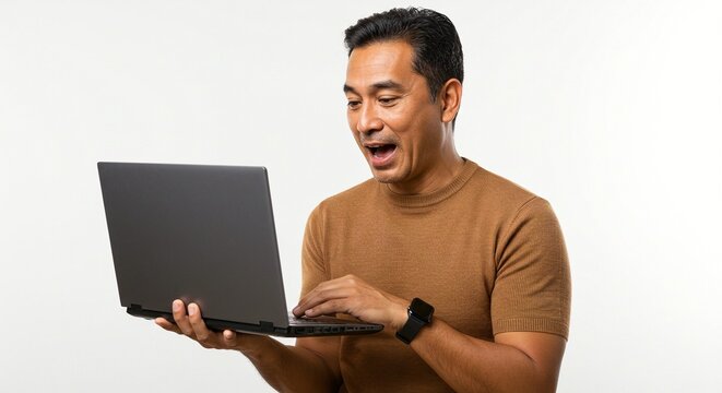 Man in a brown sweater holding a laptop and looking at the screen with a surprised expression - Powered by Adobe