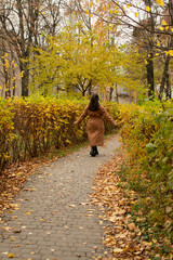 Woman in brown coat walking along an alley in an autumn park	