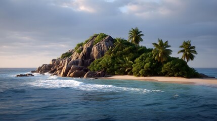 A secluded tropical island with lush green vegetation rocky cliffs and a sandy beach washed by gentle ocean waves under a cloudy sky