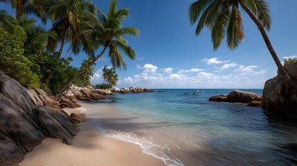 Serene tropical beach scene with clear turquoise ocean palm trees and sandy shore under a blue sky
