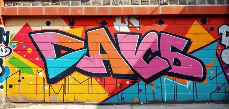 Geometric graffiti art on urban wall, vibrant colors, wall, contemporary