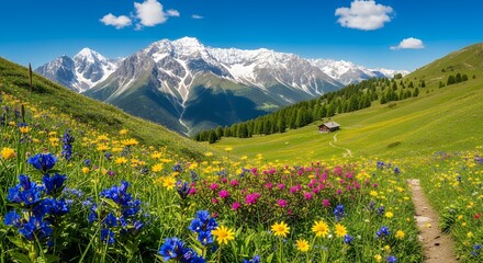 Vibrant mountain landscape with blooming wildflowers in a lush alpine meadow under a clear blue sky, offering a picturesque view of nature's beauty and serenity
