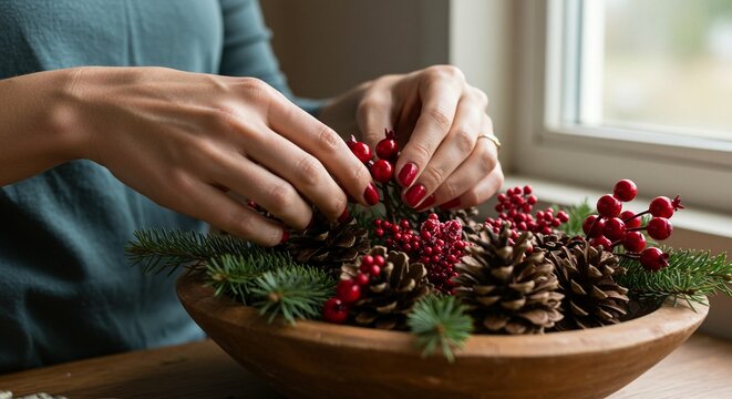 Hands arranging a festive holiday centerpiece with pinecones and red berries in a wooden bowl