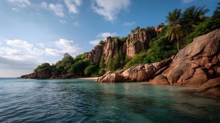 A tropical island paradise with rugged rocky cliffs lush green vegetation and crystal clear turquoise water under a blue sky