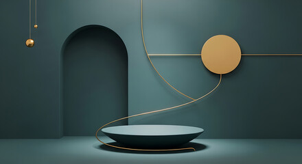 A sophisticated stage with a modern arch and geometric elements in teal and gold