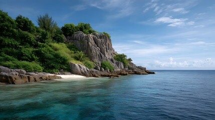 Beautiful tropical island with rocky cliffs lush greenery a sandy beach and clear turquoise water under a bright blue sky