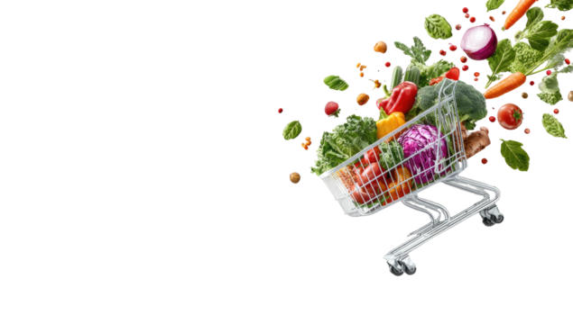 Fresh produce overflowing from a shopping cart, isolated on black