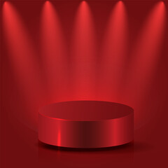 Vector luxury red glossy podium with background, light beams, and shadows. Suitable for product displays, websites, product cards, banners, posters, and flyers.