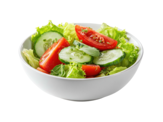 Fresh green salad with tomatoes and cucumbers in a white bowl