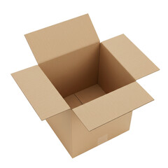 Empty cardboard box open with top view on transparent background. Delivery, moving and packaging concept for e-commerce or shipping.