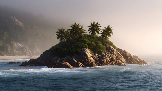 Misty dawn over a secluded tropical island with lush palms and rugged rocky cliffs - Powered by Adobe