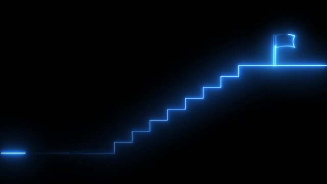 Glowing neon stairs sign with flag icon animation isolated on black background