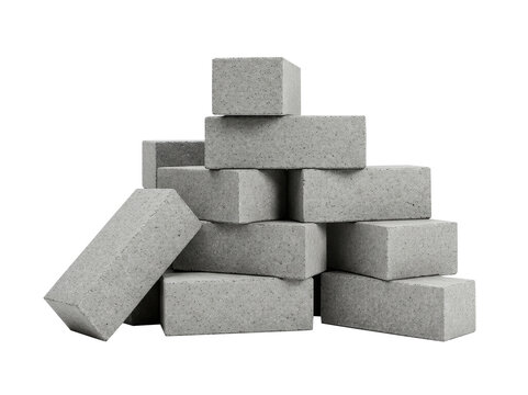Stack of gray concrete building blocks or cinder blocks on transparent background. Construction material for masonry, architecture, and home improvement.
