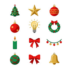Christmas Decorations Flat Icon Set — 12 Minimal Festive Icons
