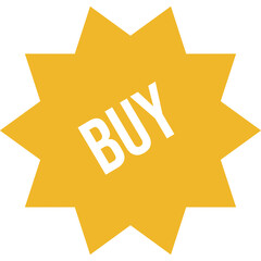 Yellow starburst shape with the word BUY in white text in the center isolated on a transparent background