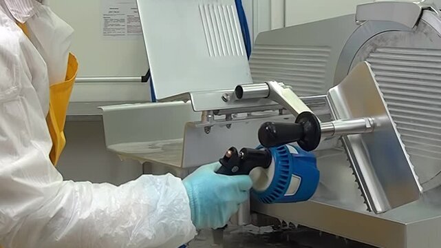 A worker wearing protective gear is diligently cleaning a meat slicer with a specialized tool and water hose in a clean environment. The cleaning takes place sometime during the daytime.