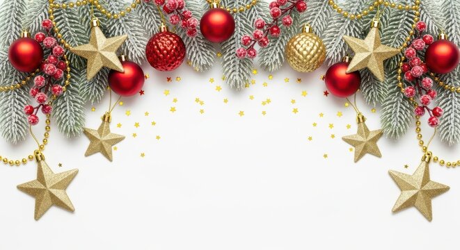Festive christmas garland with frosted pine branches, red baubles, golden stars, and berries, adorned with sparkling beads and confetti, isolated on white background