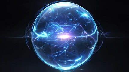Glowing blue and purple sphere on a black background, featuring an egg-shaped glowing lines core, realistic details, and vivid holographic glow with striking light effects for a futuristic look.