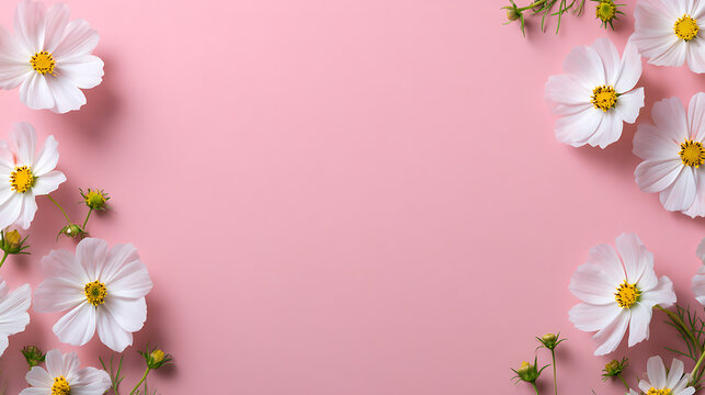 Delicate white cosmos flowers with yellow centers arranged on a soft pink background white flowers