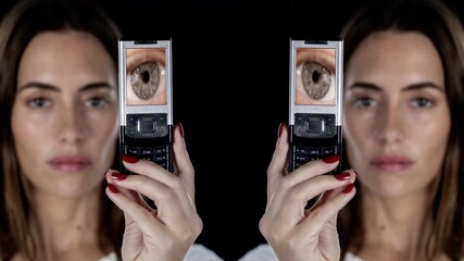 female with holding smart phones with eyes - Powered by Adobe