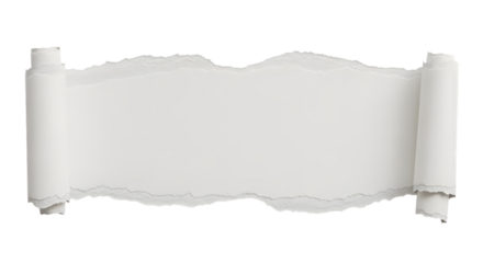 Torn horizontal paper strip with curled edges on transparent background