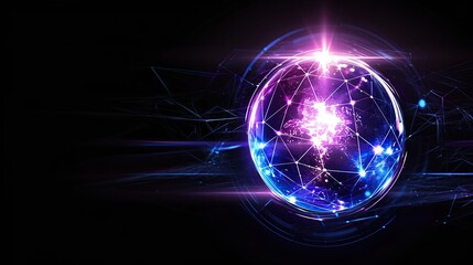 Glowing blue and purple sphere on a black background, featuring an egg-shaped glowing lines core, realistic details, and vivid holographic glow with striking light effects for a futuristic look.