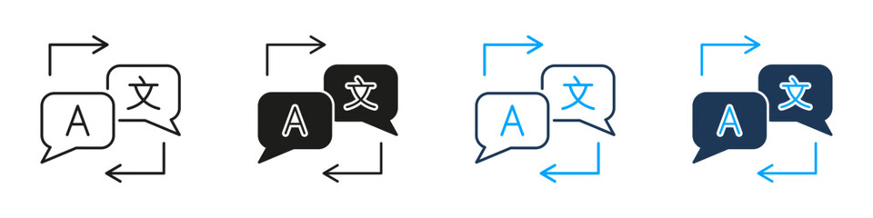 Text Translation Flow Line And Solid Icon Set. Speech Bubbles With Arrows Symbol Collection For Bidirectional Language Conversion And Real-Time Communication. Isolated Vector Illustration