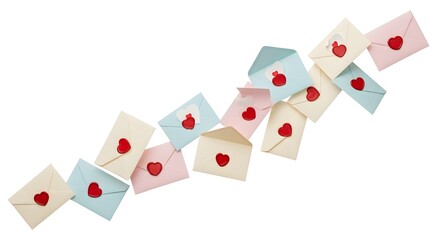 Pastel envelopes with red heart seals floating on a white background for love notes