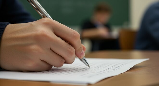 Student taking a test in a classroom, focusing on the hand writing on paper