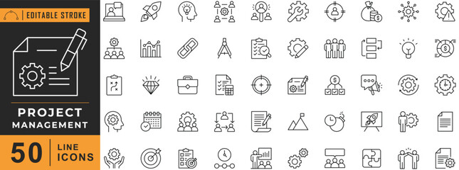 
Project Management line icon set. Editable stroke. Vector illustration.
