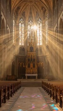 Vertical video: Streaming sunlight through stained glass windows in cathedral onto altar and pews