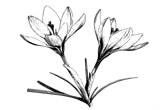 Elegant Black White Botanical Art Two Saffron Crocus | Clean, isolated vector art for creative projects.