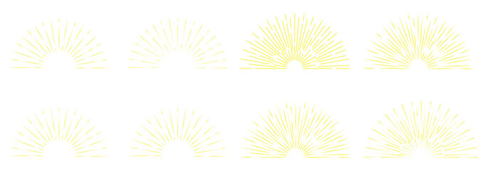  Sunburst shapes, bursting sun rays, sunshine. Radial fireworks burst, sunset and sunrise, star beams, sparkle elements. Vector classic boho logo line